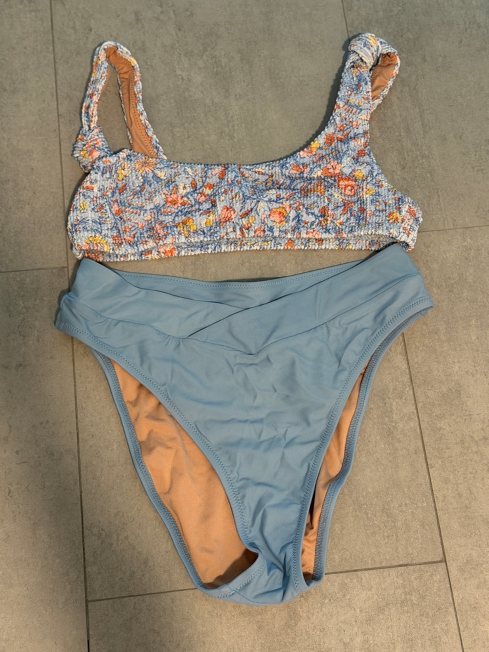 J crew Floral Crop Bikini Top with Light Blue High-Waist Bottoms